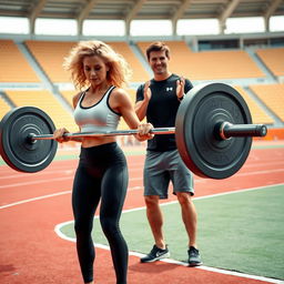 A blonde woman with curly hair and Tom Cruise, resembling his character from Top Gun, are in a vibrant Track and Field Stadium, engaged in an intense workout