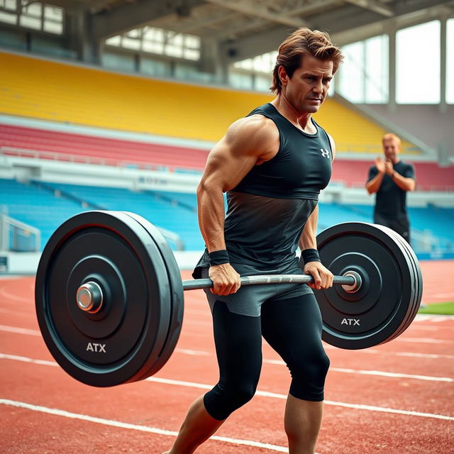 A blonde woman with curly hair and Tom Cruise, resembling his character from Top Gun, are in a vibrant Track and Field Stadium, engaged in an intense workout