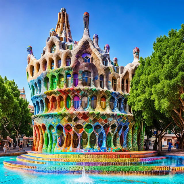 Futuristic building inspired by Antoni Gaudi, made entirely of Technicolor bricks with intricate detailing. Sun casting shadows on its curved form. Surrounded by a sparkling water fountain and plush greenery in a public domain with people admiring it. Captured with a professional camera set to manual mode, f/8, ISO 200.