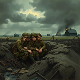 A poignant scene from a World War I novel titled 'Na západní frontě klid', illustrating the lives of five young German soldiers amidst the backdrop of a desolate battlefield
