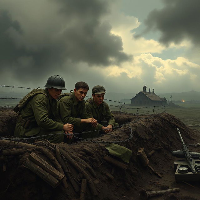 A poignant scene from a World War I novel titled 'Na západní frontě klid', illustrating the lives of five young German soldiers amidst the backdrop of a desolate battlefield