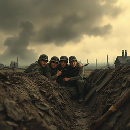 A poignant scene from a World War I novel titled 'Na západní frontě klid', illustrating the lives of five young German soldiers amidst the backdrop of a desolate battlefield