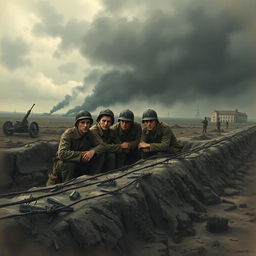 A poignant scene from a World War I novel titled 'Na západní frontě klid', illustrating the lives of five young German soldiers amidst the backdrop of a desolate battlefield