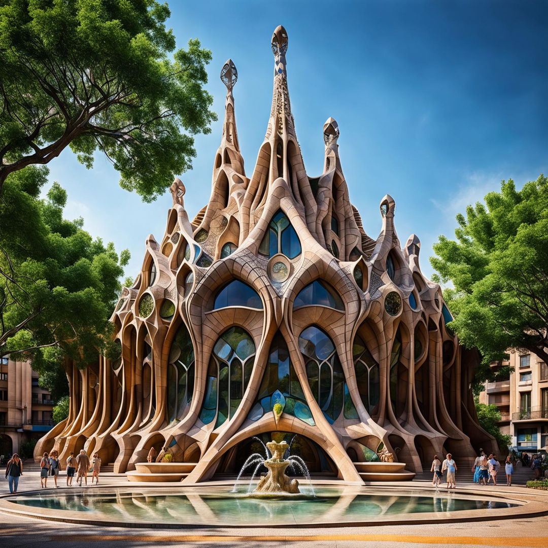 Futuristic building inspired by Antoni Gaudi, made entirely of sandstone with intricate detailing. Sun casting shadows on its curved form. Surrounded by a sparkling water fountain and plush greenery in a public domain with people admiring it. Captured with a professional camera set to manual mode, f/8, ISO 200.