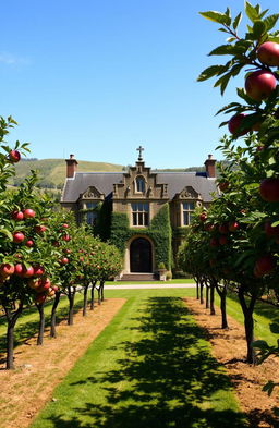 A majestic stone manor surrounded by a lush apple orchard, with vibrant red and green apples on the trees, set against a backdrop of rolling hills and a clear blue sky