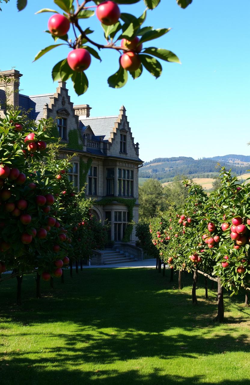 A majestic stone manor surrounded by a lush apple orchard, with vibrant red and green apples on the trees, set against a backdrop of rolling hills and a clear blue sky