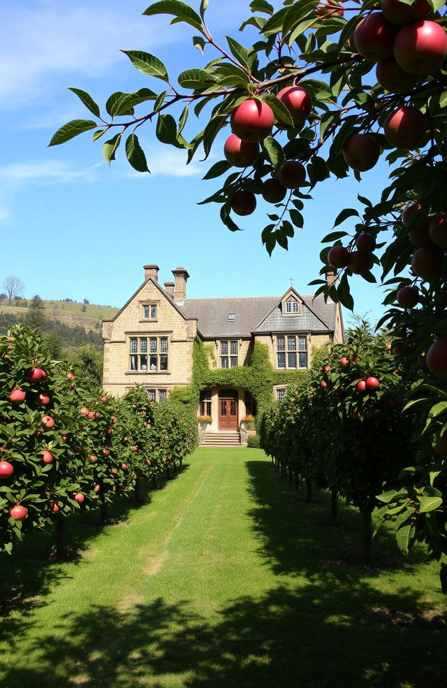 A majestic stone manor surrounded by a lush apple orchard, with vibrant red and green apples on the trees, set against a backdrop of rolling hills and a clear blue sky