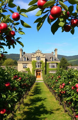 A majestic stone manor surrounded by a lush apple orchard, with vibrant red and green apples on the trees, set against a backdrop of rolling hills and a clear blue sky