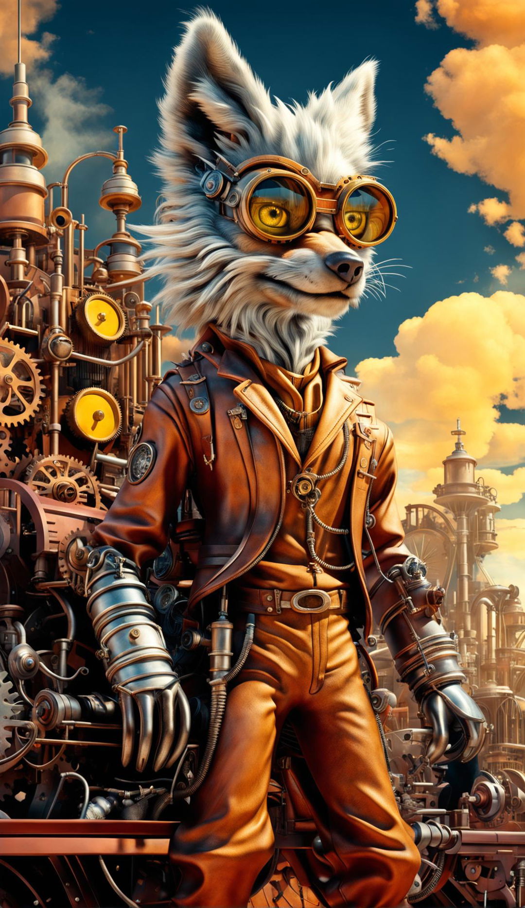 A hyperrealistic steampunk scene featuring an anthropomorphized wolf in khaki overalls and goggles amidst steam machinery and clocks in a heat-patinaed landscape.