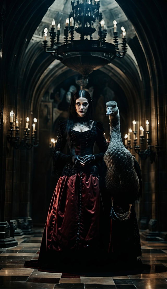 Gothic castle interior with a woman possessing a duck's head, dressed in a long red gothic dress. Captured with a Canon EOS R5 and RF 22 f/2.8L IS USM Lens.