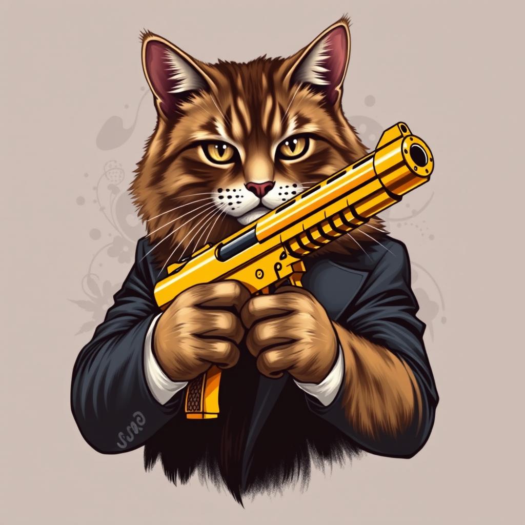 A realistic depiction of a cat holding a golden gun, designed on a stylish t-shirt