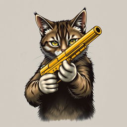 A realistic depiction of a cat holding a golden gun, designed on a stylish t-shirt