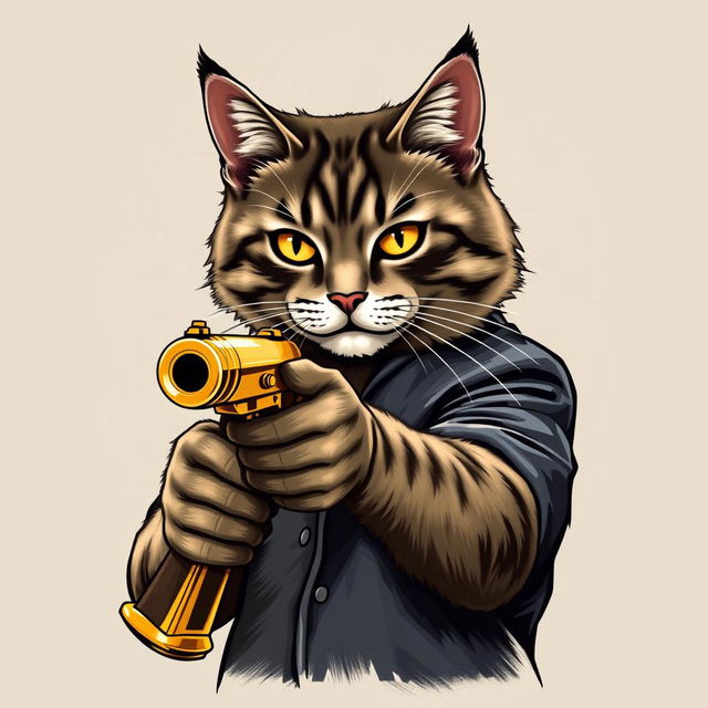 A realistic depiction of a cat holding a golden gun, designed on a stylish t-shirt