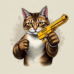 A realistic depiction of a cat holding a golden gun, designed on a stylish t-shirt