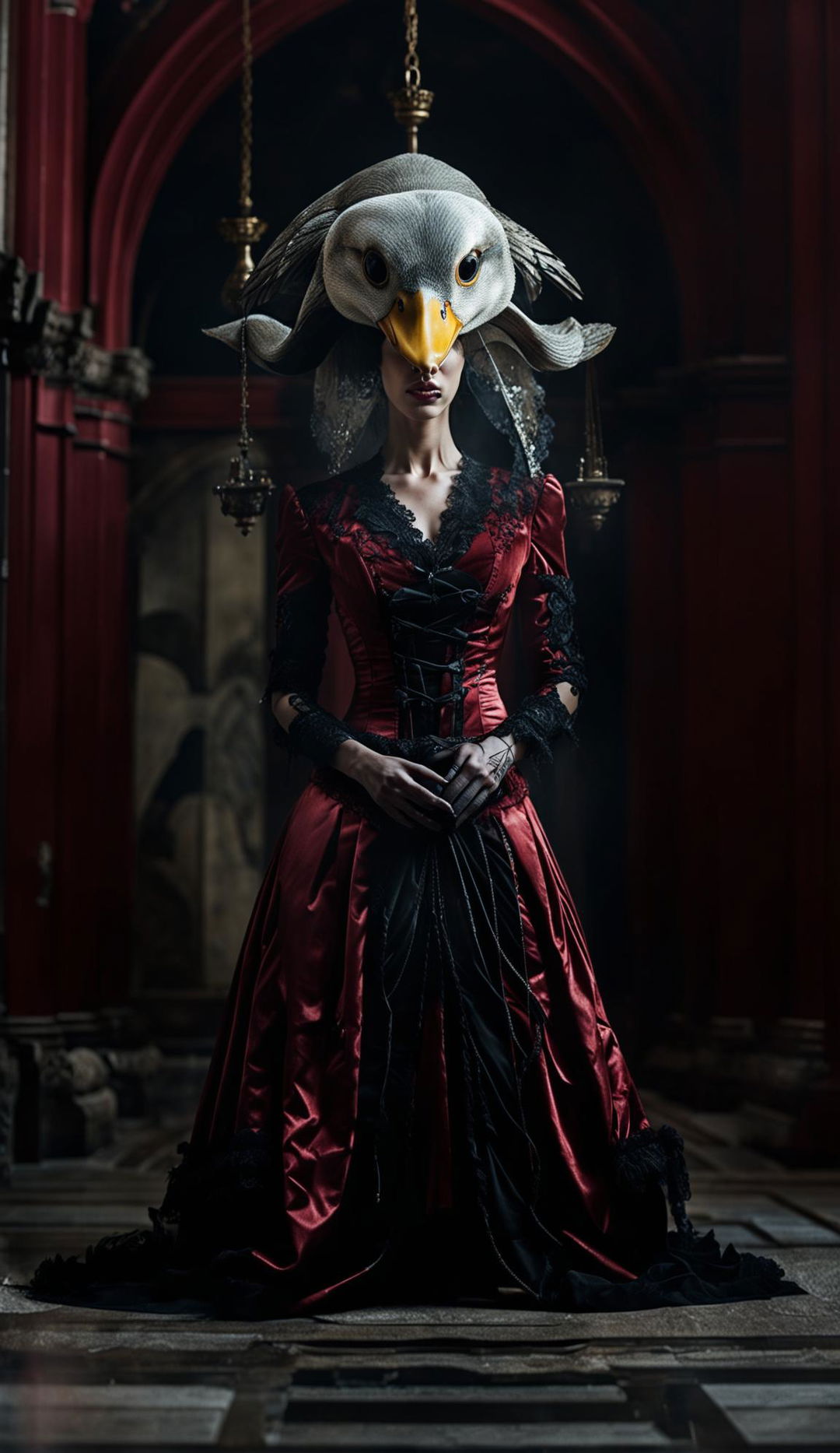 Photograph of a woman with a duck's head dressed in a long red gothic dress, set against a backdrop of gothic architecture. Captured with a Canon EOS R5 and RF 22 f/2.8L IS USM Lens.