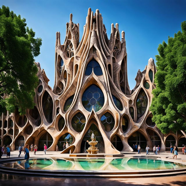 Avant-garde, futuristic building inspired by Antoni Gaudi, made entirely of sandstone with intricate detailing. Sun casting shadows on its curved form. Surrounded by a sparkling water fountain and plush greenery in a public domain with people admiring it. Captured with a professional camera set to manual mode, f/8, ISO 200.