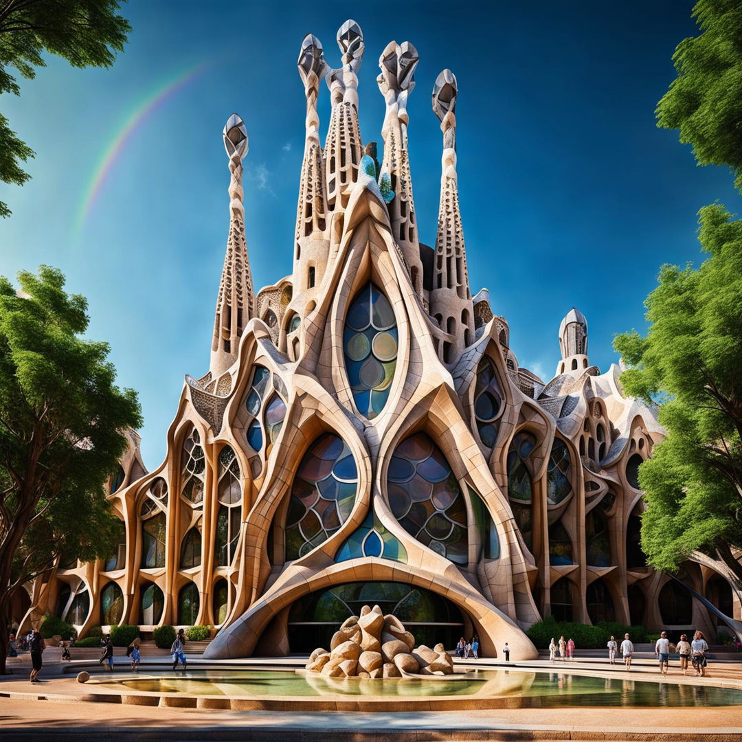 Avant-garde, futuristic building inspired by Antoni Gaudi, made entirely of sandstone with intricate detailing. Sun casting shadows on its curved form. Surrounded by a sparkling water fountain and plush greenery in a public domain with people admiring it. Captured with a professional camera set to manual mode, f/8, ISO 200.