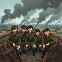 A compelling illustration based on a World War I novel, depicting the story of five young German soldiers as they navigate the challenges of war