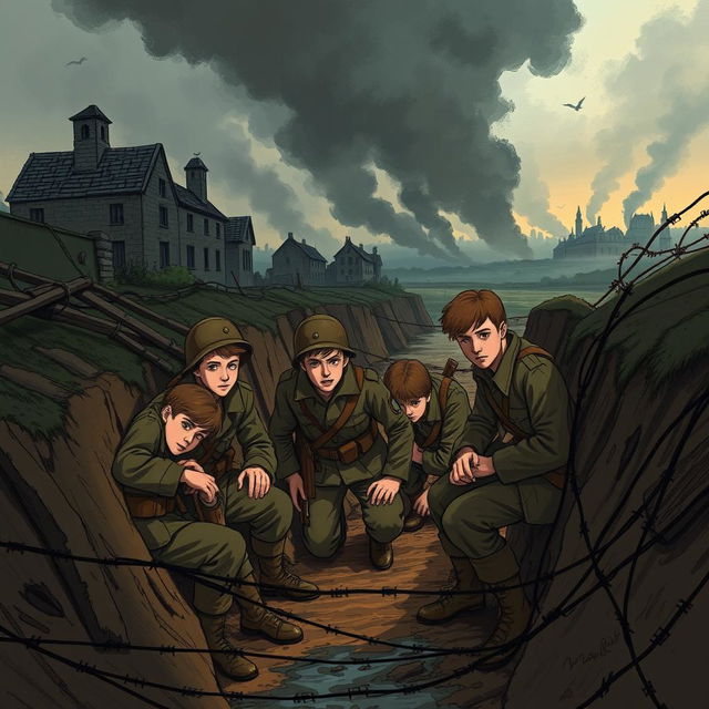 A compelling illustration based on a World War I novel, depicting the story of five young German soldiers as they navigate the challenges of war