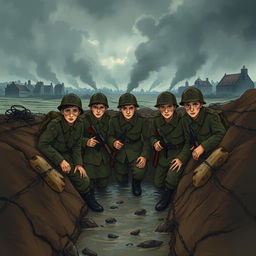 A compelling illustration based on a World War I novel, depicting the story of five young German soldiers as they navigate the challenges of war