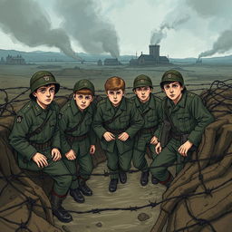 A compelling illustration based on a World War I novel, depicting the story of five young German soldiers as they navigate the challenges of war