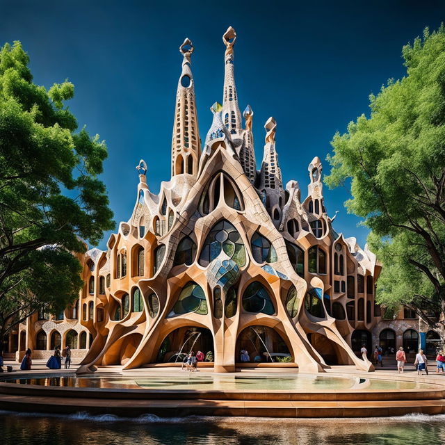 Classical, futuristic building inspired by Antoni Gaudi, made entirely of sandstone with intricate detailing. Sun casting shadows on its curved form. Surrounded by a sparkling water fountain and plush greenery in a public domain with people admiring it. Captured with a professional camera set to manual mode, f/8, ISO 200.