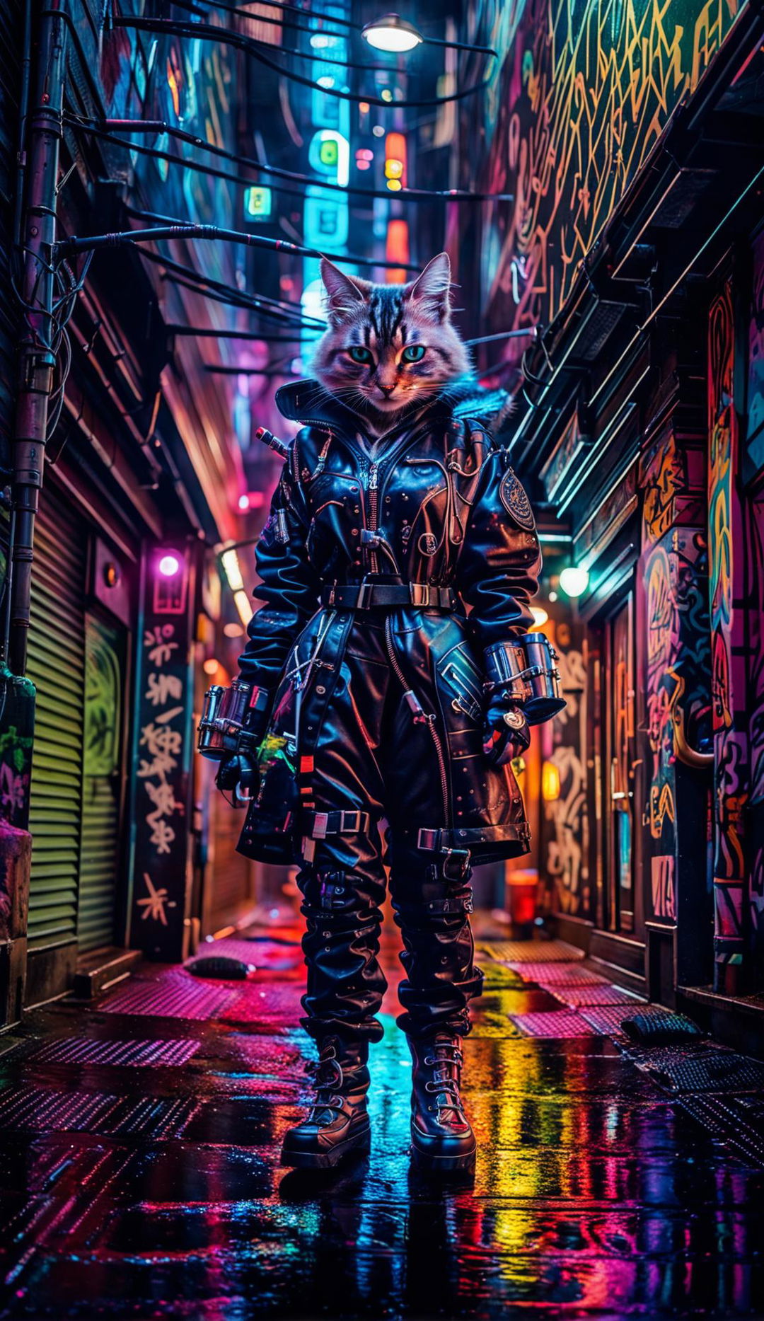 A cyberpunk cat in a leather jacket and large boots walks through a graffiti-filled alleyway under neon lights during a storm. It looks over its shoulder, its eyes glowing blue.