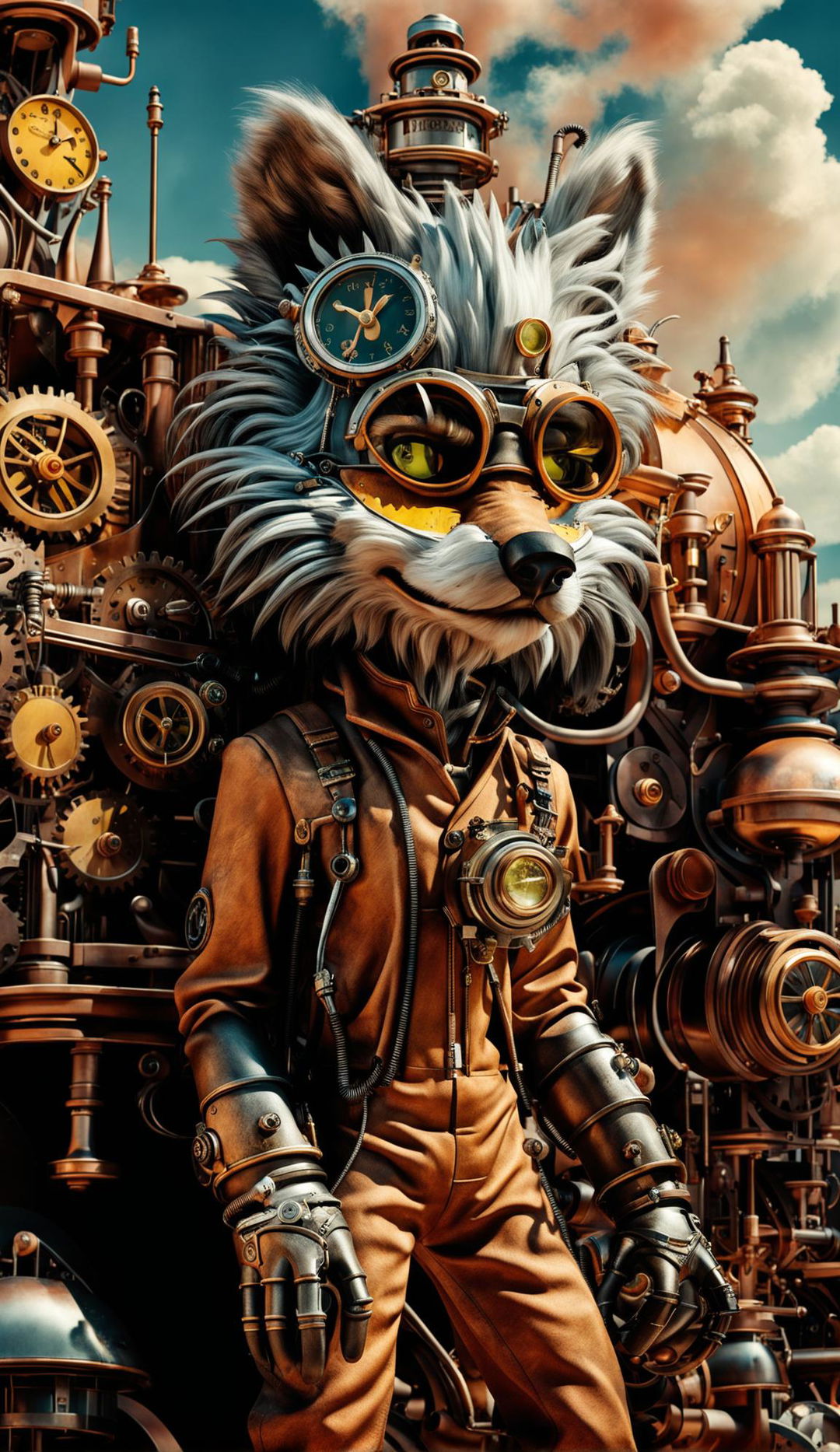 An ultrarealistic steampunk scene captured with a Canon EOS R5 and RF 24mm f/2.8L lens, featuring a wolf in khaki overalls and goggles amidst steam machinery and clocks in a heat-patinaed landscape.