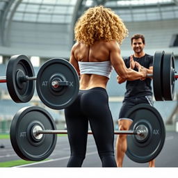 A scene in a Track and Field Stadium featuring a muscular blonde woman with curly hair and Tom Cruise working out together