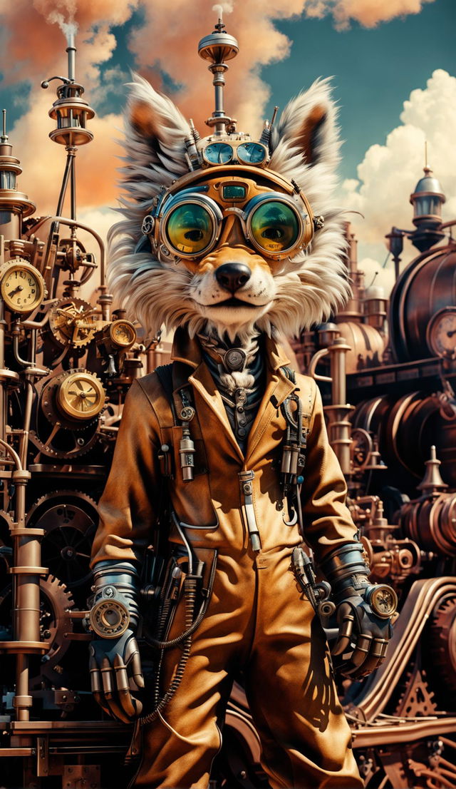 A steampunk scene captured with a Canon EOS R5 and RF 24mm f/2.8L lens, featuring a wolf in khaki overalls and goggles amidst steam machinery and clocks in a heat-patinaed landscape.