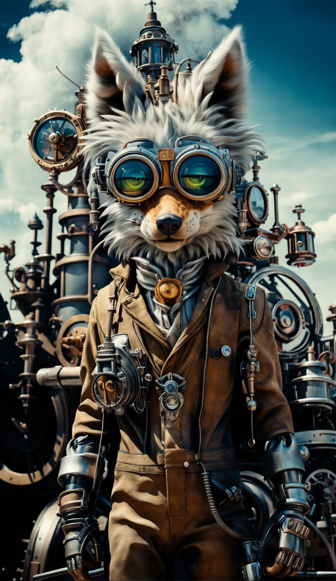 A steampunk scene captured with a Canon EOS R5 and RF 24mm f/2.8L lens, featuring a wolf in khaki overalls and goggles amidst steam machinery and clocks in a landscape.