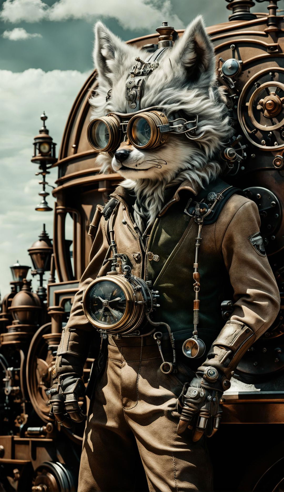 A steampunk scene in muted colors captured with a Canon EOS R5 and RF 24mm f/2.8L lens, featuring a wolf in khaki overalls and goggles amidst steam machinery and clocks in a landscape.