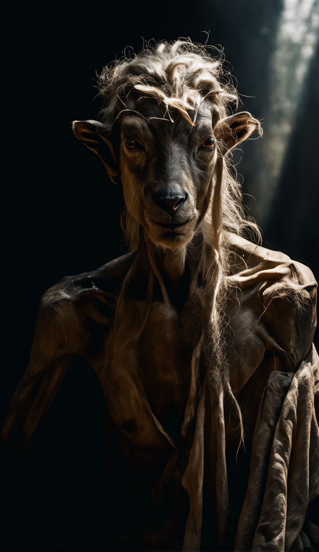 A half-human, half-goat figure in a state of starvation, under divine rays, captured in muted colors with a Canon EOS R5 and RF 24mm f/2.8L lens.