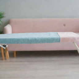 Close-up view of an ironing board with a fabric cover, set in a modern living room with pastel colors.