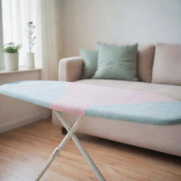 Close-up view of an ironing board with a fabric cover, set in a modern living room with pastel colors.