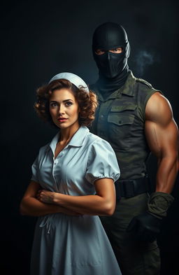 A dramatic scene set against a dark, shadowy background, depicting a brave curly-headed brunette nurse in vintage attire, radiating courage and compassion