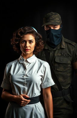 A dramatic scene set against a dark, shadowy background, depicting a brave curly-headed brunette nurse in vintage attire, radiating courage and compassion