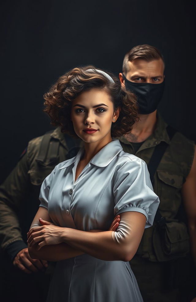 A dramatic scene set against a dark, shadowy background, depicting a brave curly-headed brunette nurse in vintage attire, radiating courage and compassion