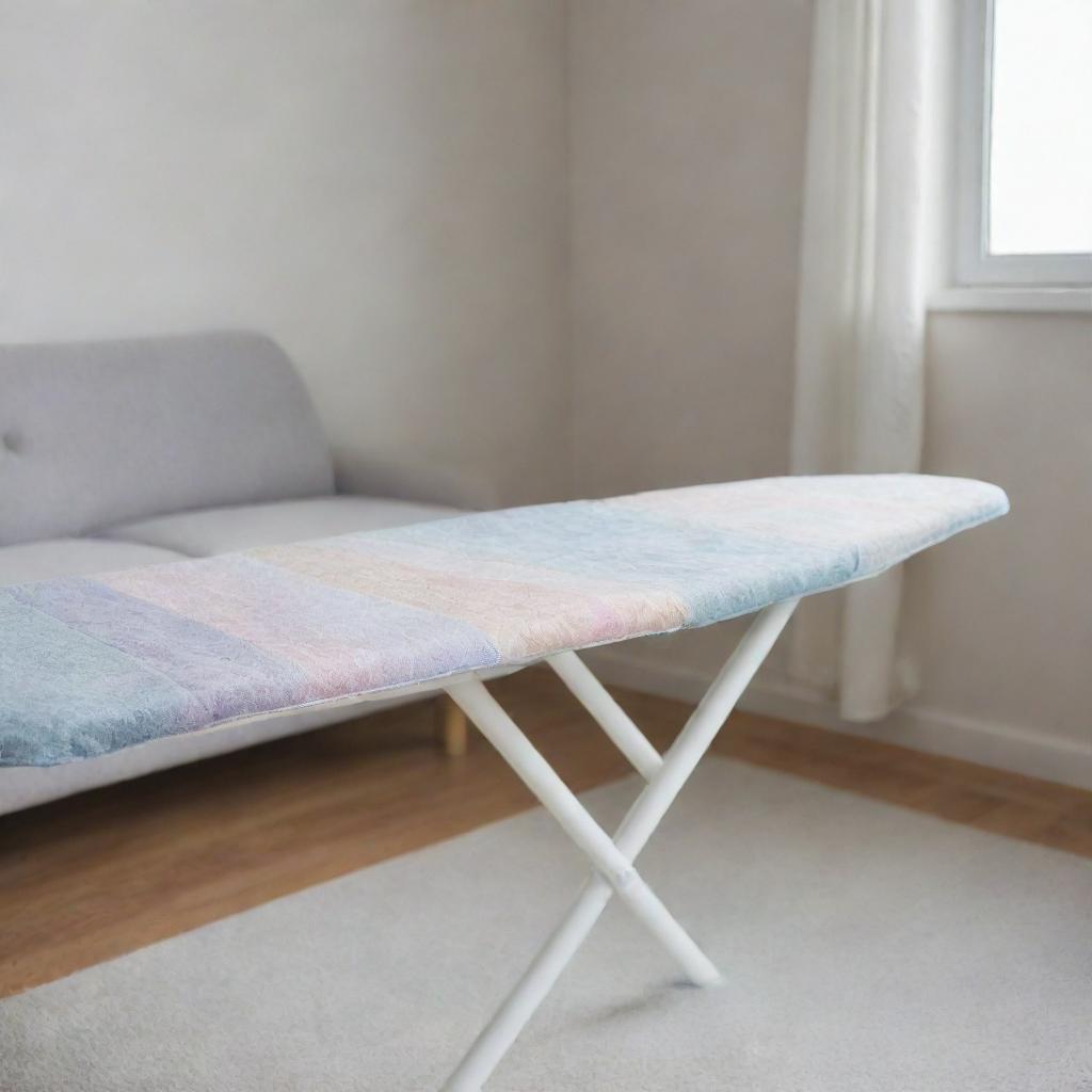 Close-up view of an ironing board with a fabric cover, set in a modern living room with pastel colors.