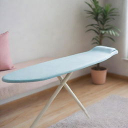 Close-up view of an ironing board with a fabric cover, set in a modern living room with pastel colors.