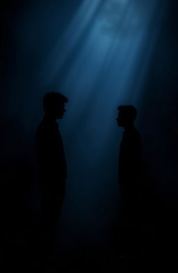 A moody, atmospheric scene featuring a dark background with silhouettes of two figures, representing Kenny and Bongani, standing apart yet gazing at each other