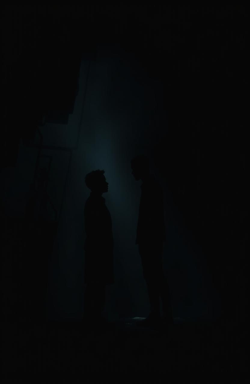 A moody, atmospheric scene featuring a dark background with silhouettes of two figures, representing Kenny and Bongani, standing apart yet gazing at each other