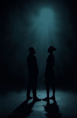 A moody, atmospheric scene featuring a dark background with silhouettes of two figures, representing Kenny and Bongani, standing apart yet gazing at each other