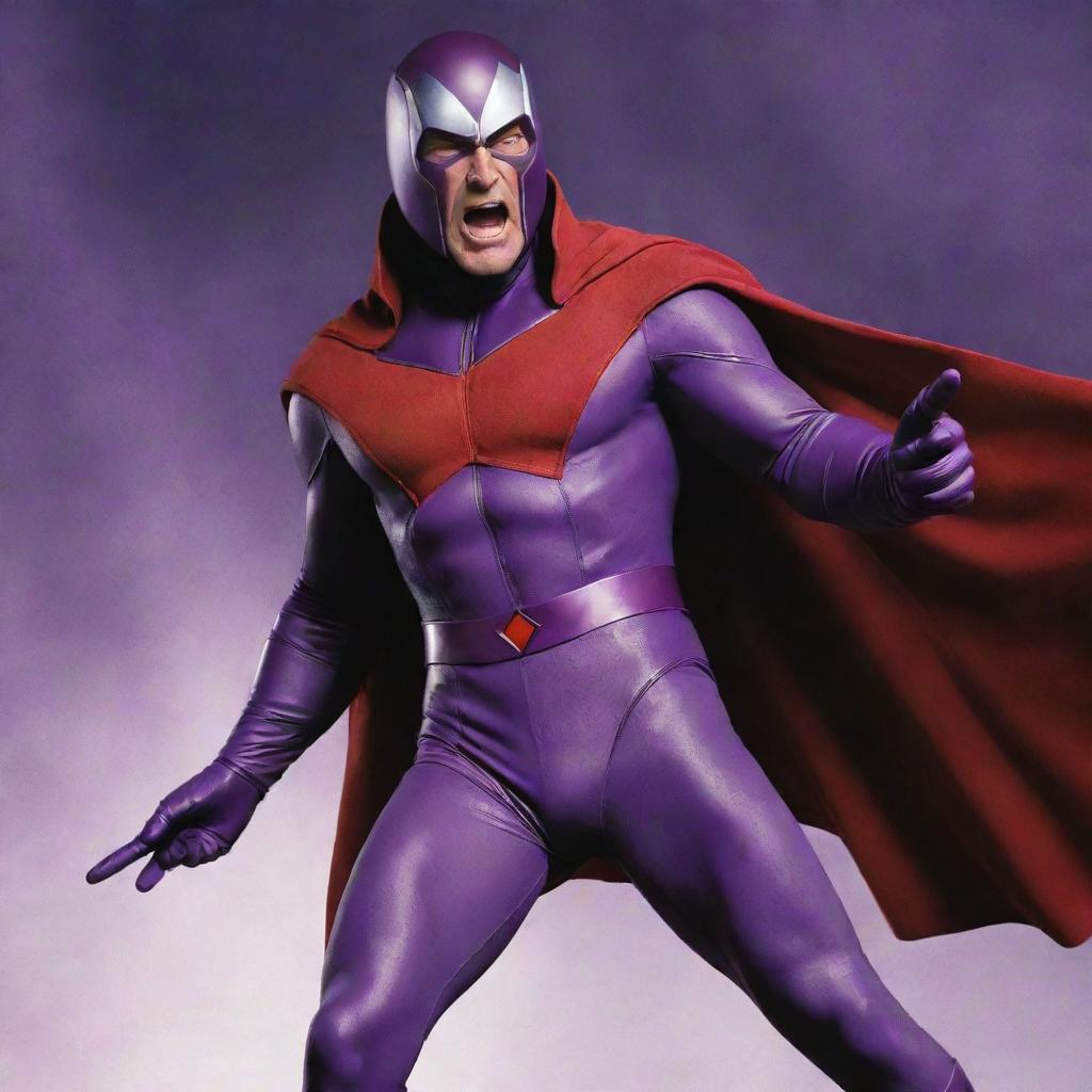 An image of Magneto, master of magnetism, in his flamboyant purple and red costume, wielding his immense powers with an intense expression.