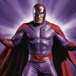 An image of Magneto, master of magnetism, in his flamboyant purple and red costume, wielding his immense powers with an intense expression.