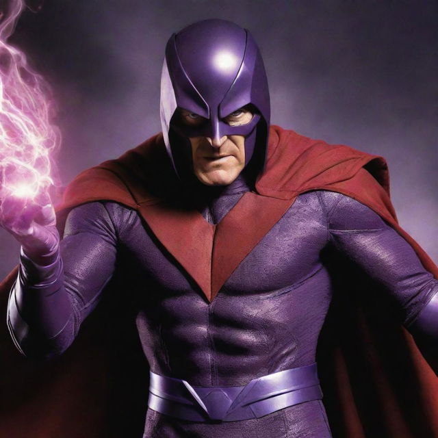 An image of Magneto, master of magnetism, in his flamboyant purple and red costume, wielding his immense powers with an intense expression.