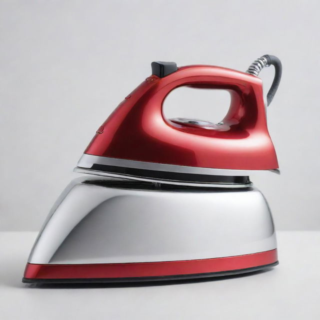 A brand new, modern clothes iron made of shimmering stainless steel in red color, set against a clean white background.