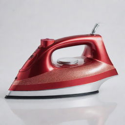 A brand new, modern clothes iron made of shimmering stainless steel in red color, set against a clean white background.