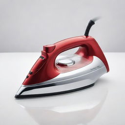 A brand new, modern clothes iron made of shimmering stainless steel in red color, set against a clean white background.