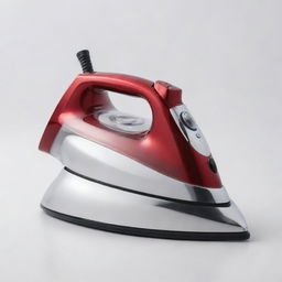 A brand new, modern clothes iron made of shimmering stainless steel in red color, set against a clean white background.